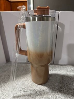 Large Ombre Glitter Travel Tumbler with Handle - White to Tan